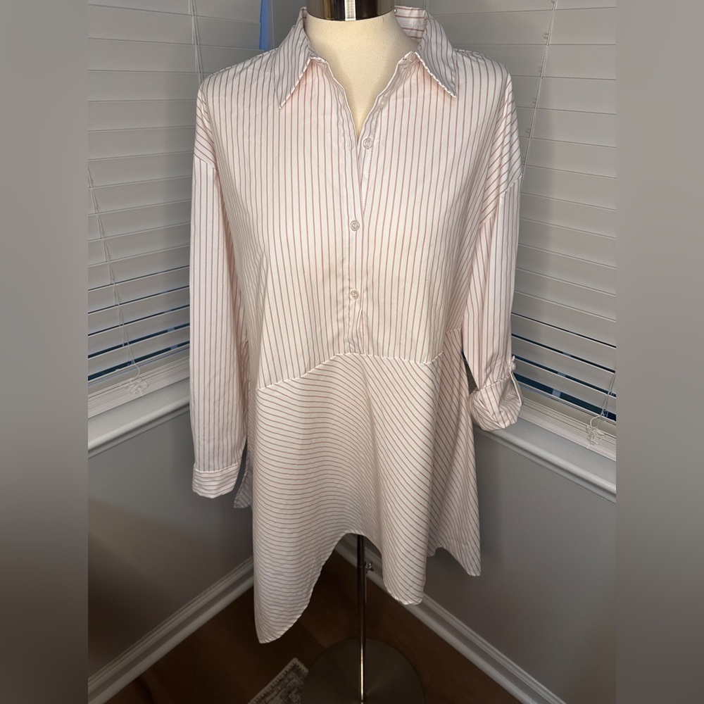 Cupio Women’s Casual Tunic Shirt - White and Pink Stripes